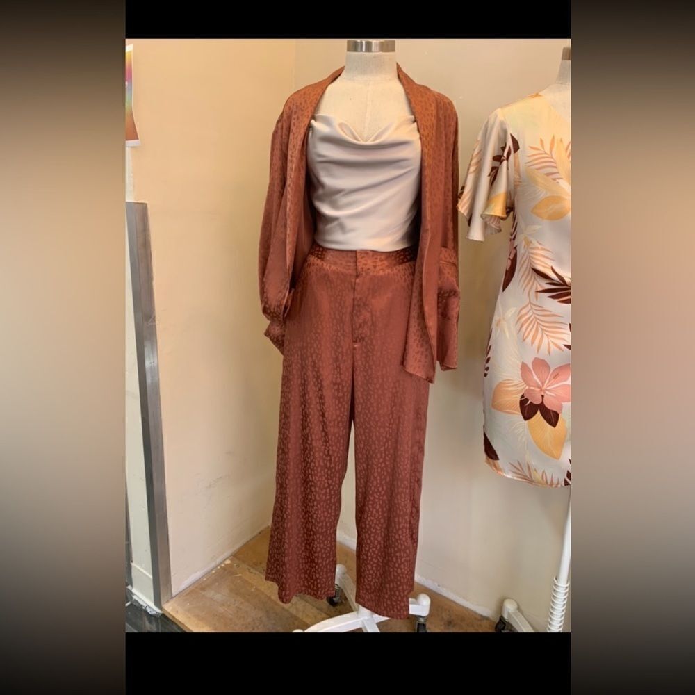 Dress Forum Suit Women Long Sleeve Shirt And Pants Brown Satin Set NEW